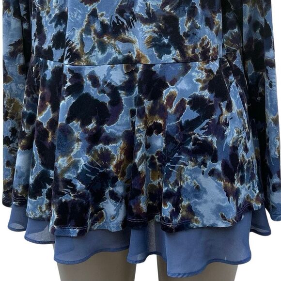 LOGO by Lori Goldstein Peplum Cardigan Womens 1X Blue Brown Floral Chiffon Trim - Picture 9 of 15